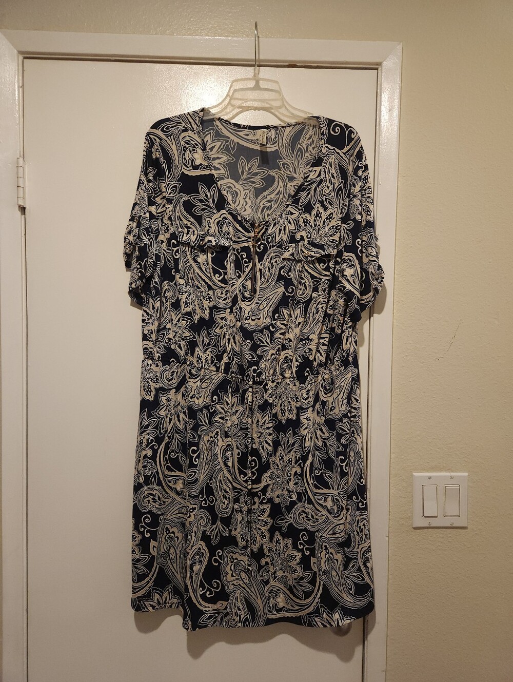 Navy & Cream Paisley Tie-Waist Dress